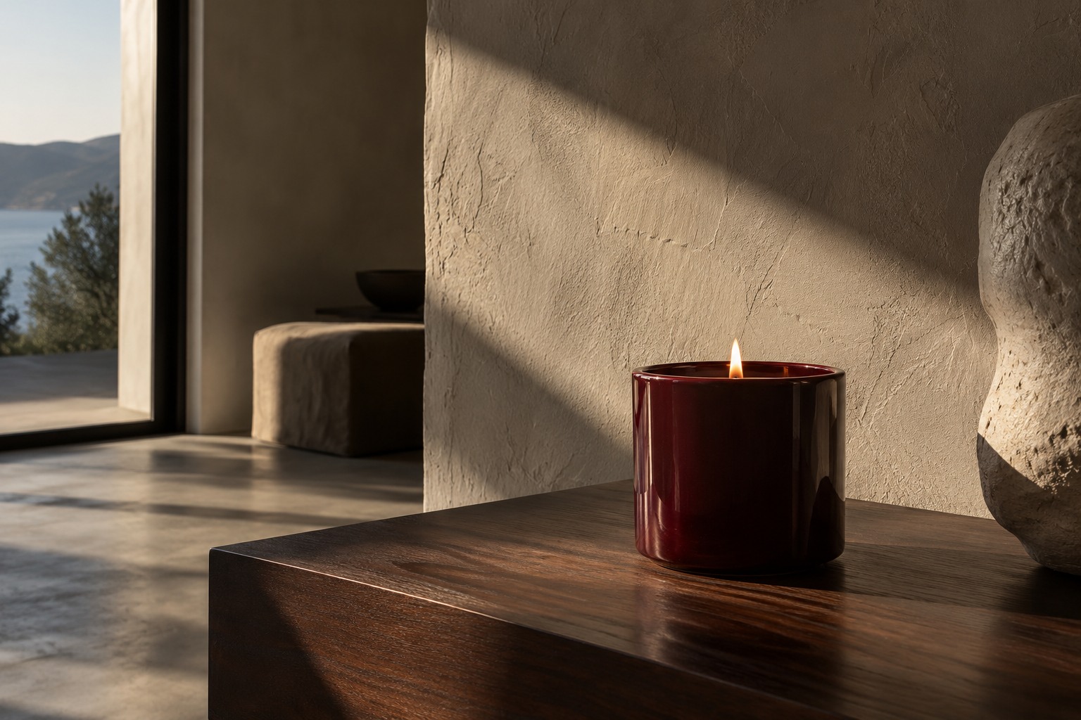A candle in a dark ceramic vessel, lit by warm afternoon light