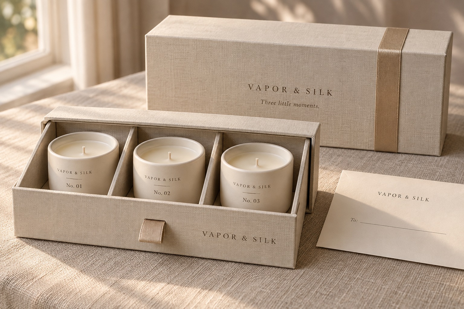 Linen-textured drawer gift box containing three numbered cream ceramic discovery candles
