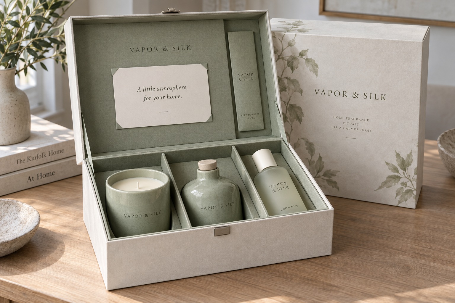 Celadon and chalk presentation trunk holding a candle, sealed diffuser and room mist with a greeting card and separately packed reeds