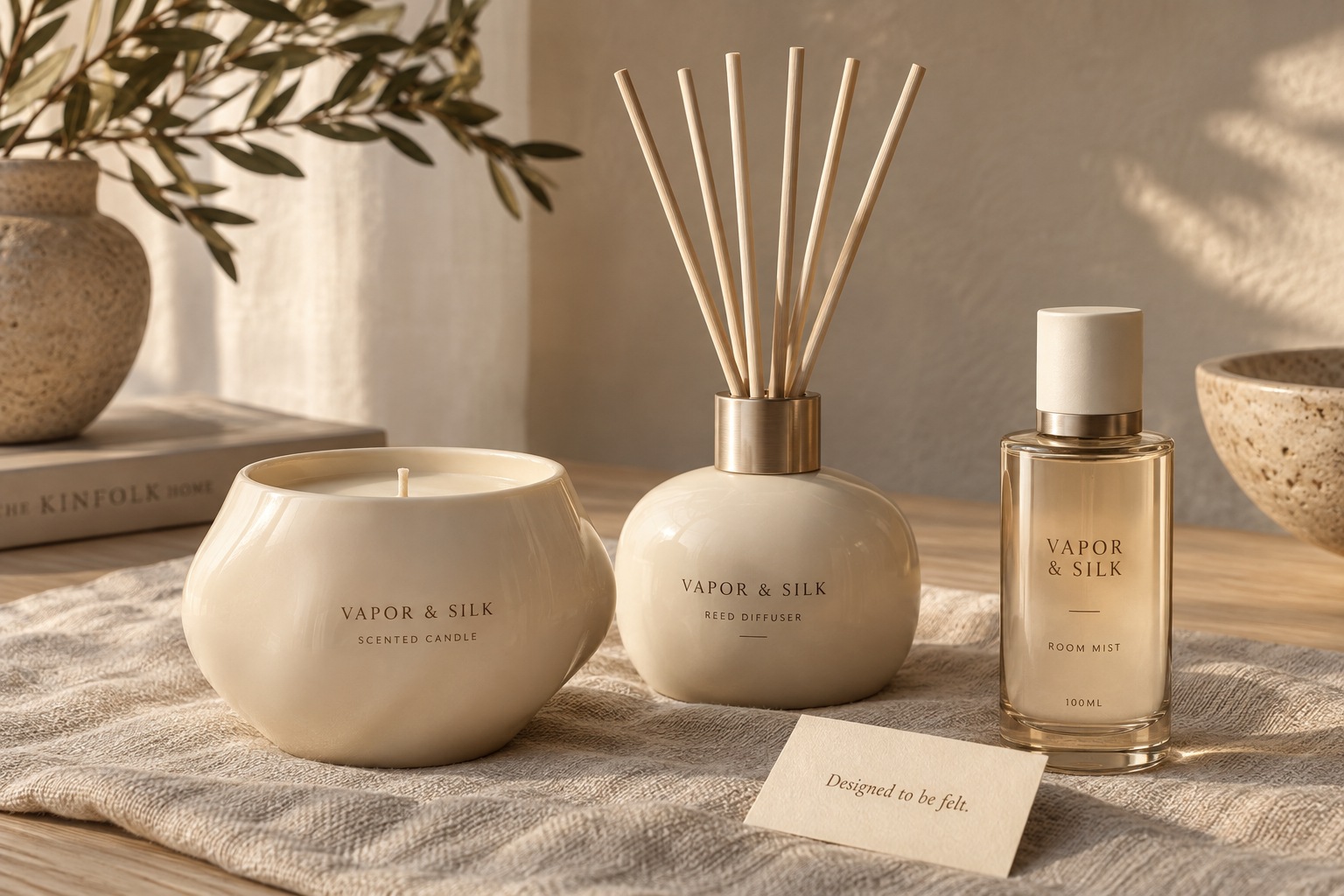 Linen & Champagne coordinated candle, reed diffuser and room mist products