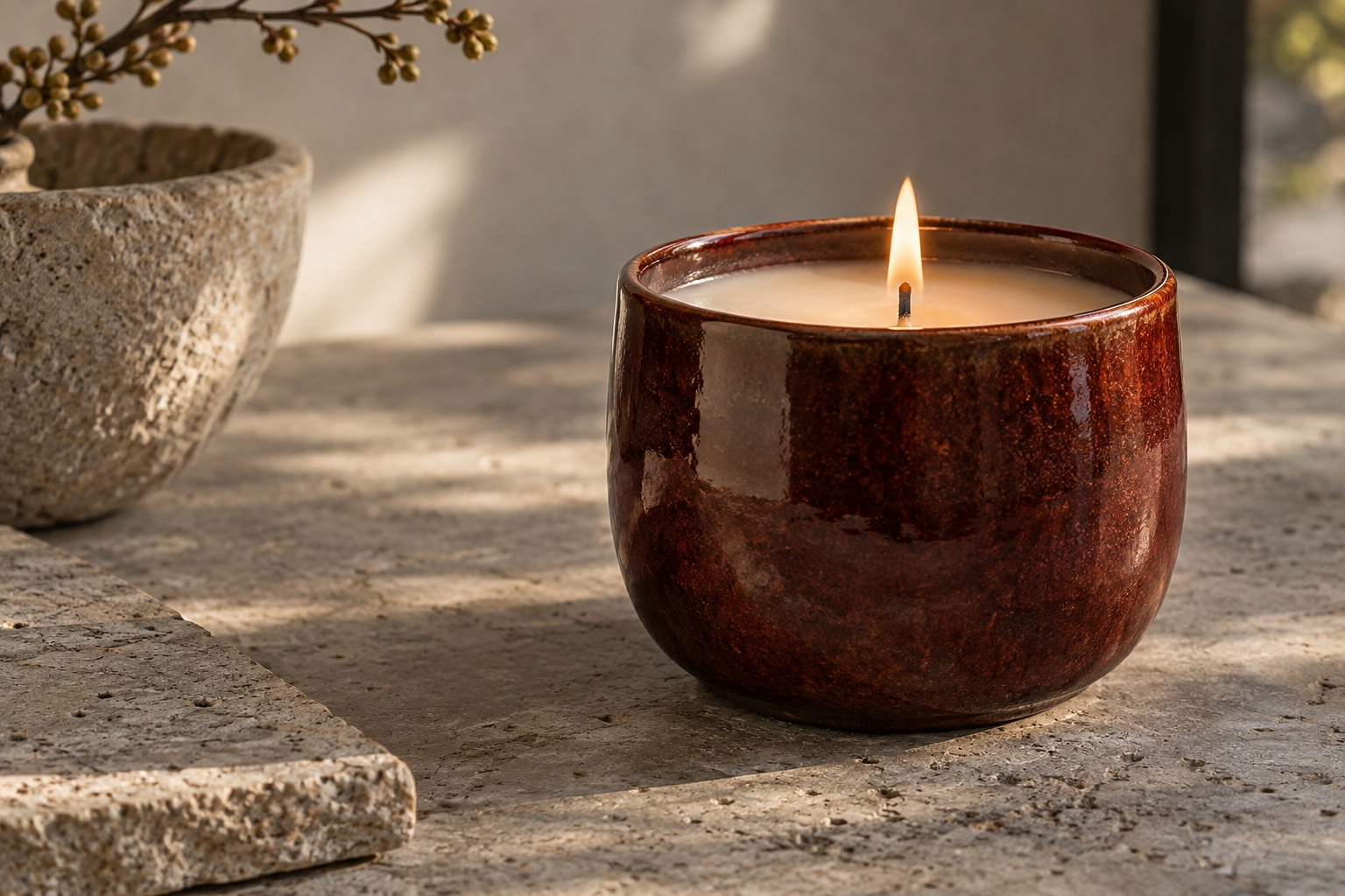 Close detail of a ceramic candle vessel and its tactile surface