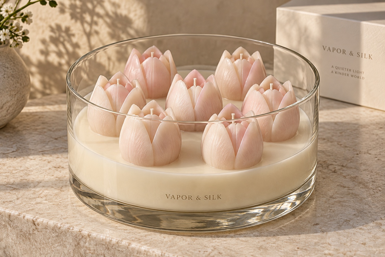 Discover the new Tulip Collection: sculpted blush wax flowers in glass