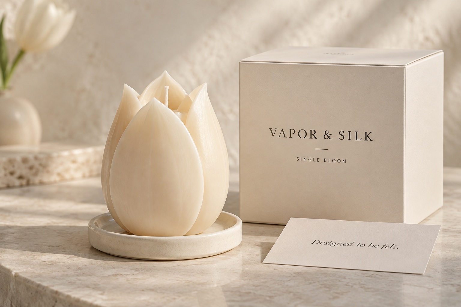 Single Bloom concept: an ivory wax tulip with a separate ceramic holder and gift box