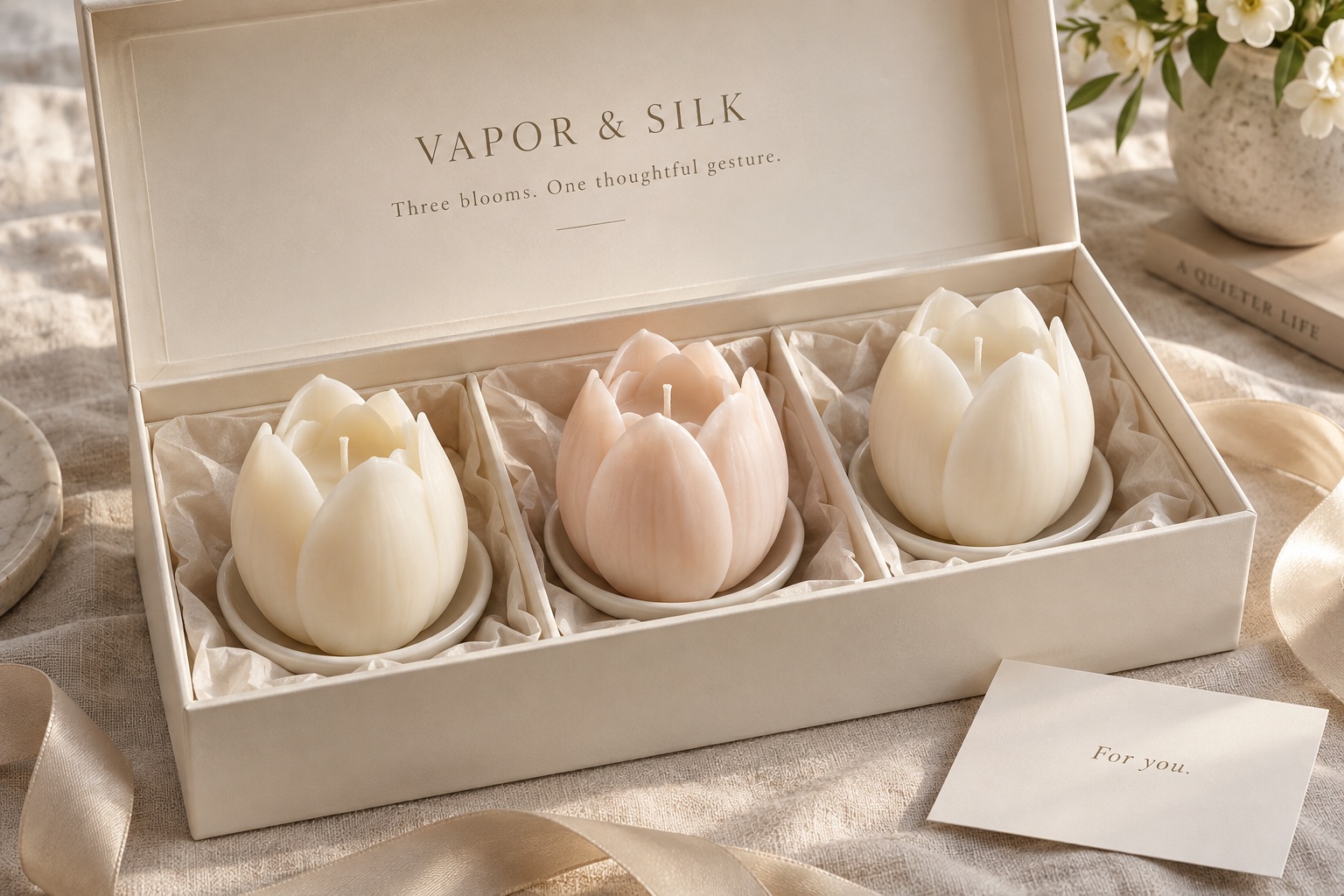 Illustrative gift box with three sculpted wax tulips and a personal note